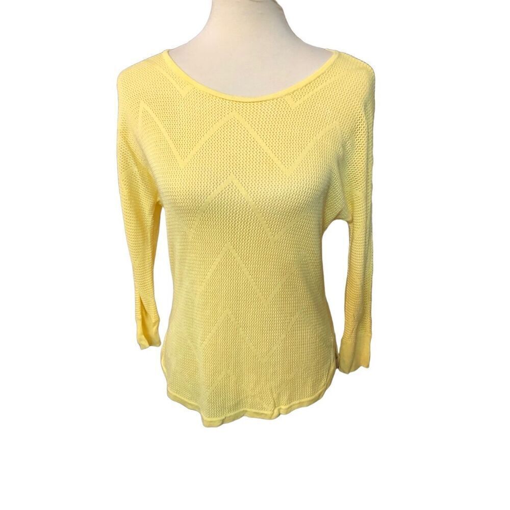 Lightweight pointelle Dana Buchman yellow pointelle knit three quarter sleeve sc